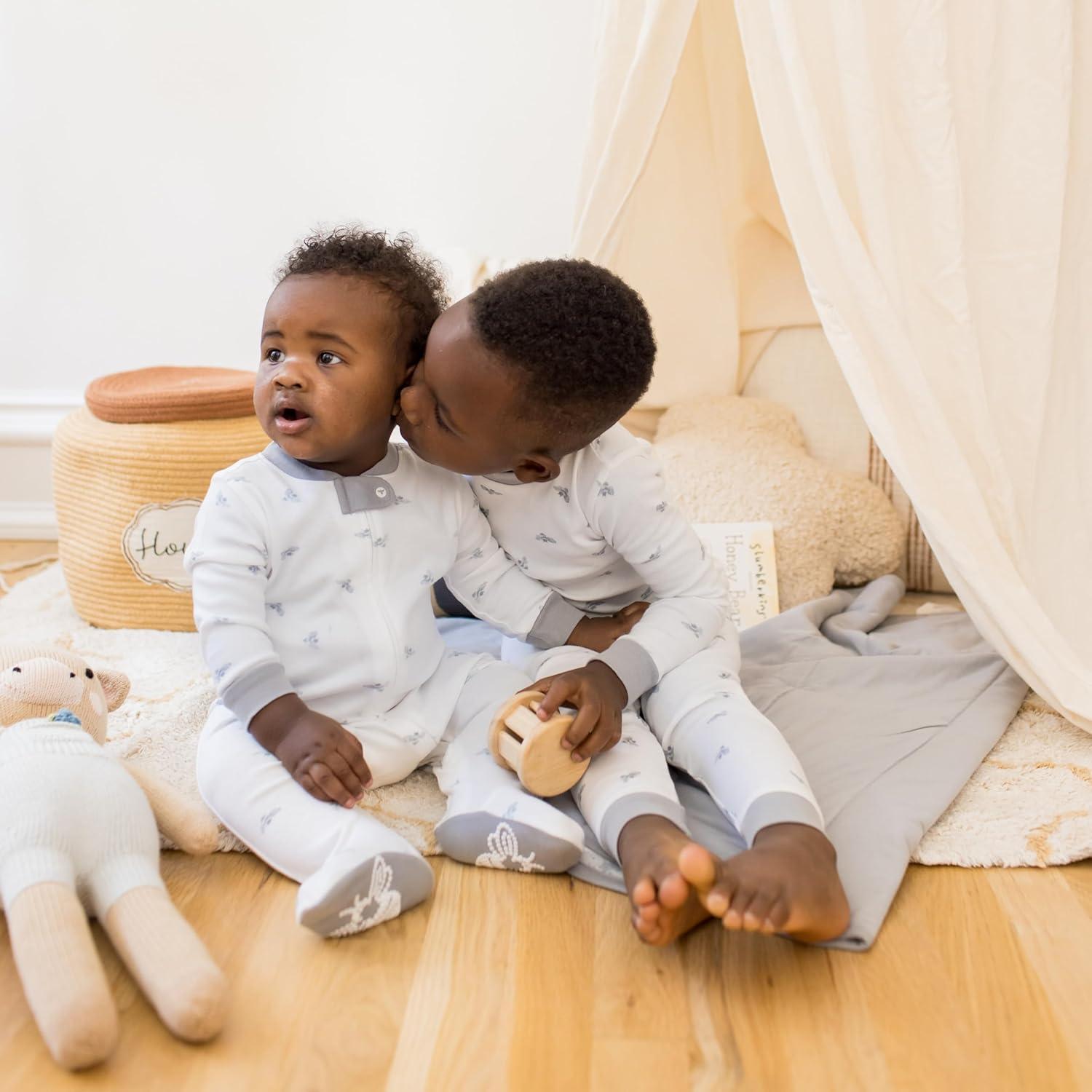 imageBurts Bees Baby Boys 2Piece Long Sleeve Tee and Pants Organic Cotton Pajama SetBlue Golden Bee