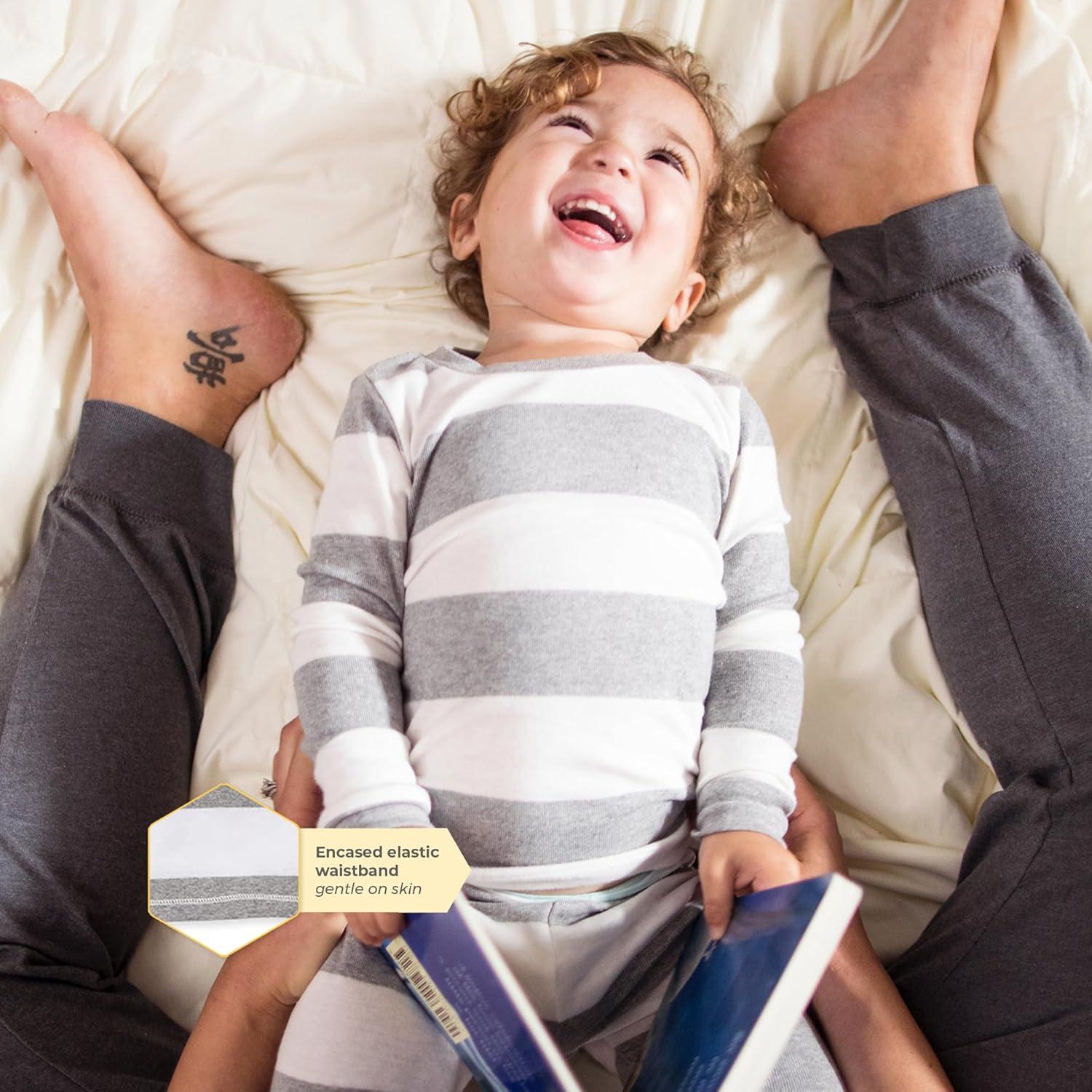 imageBurts Bees Baby Boys 2Piece Long Sleeve Tee and Pants Organic Cotton Pajama SetHeather Grey Rugby Stripe
