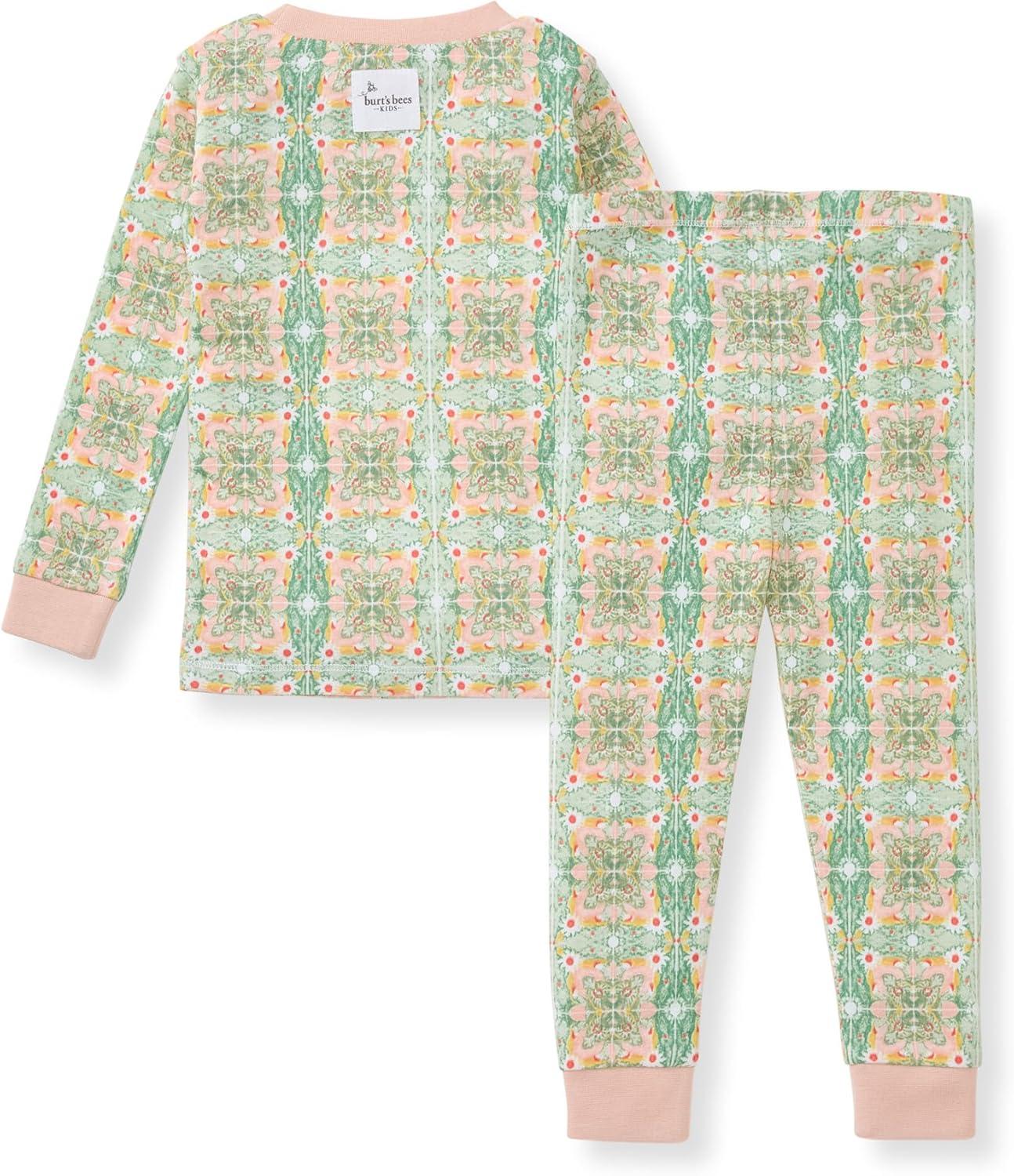imageBurts Bees Baby Girls 2Piece Long Sleeve Tee and Pants Organic Cotton Pajama SetFloral Tile