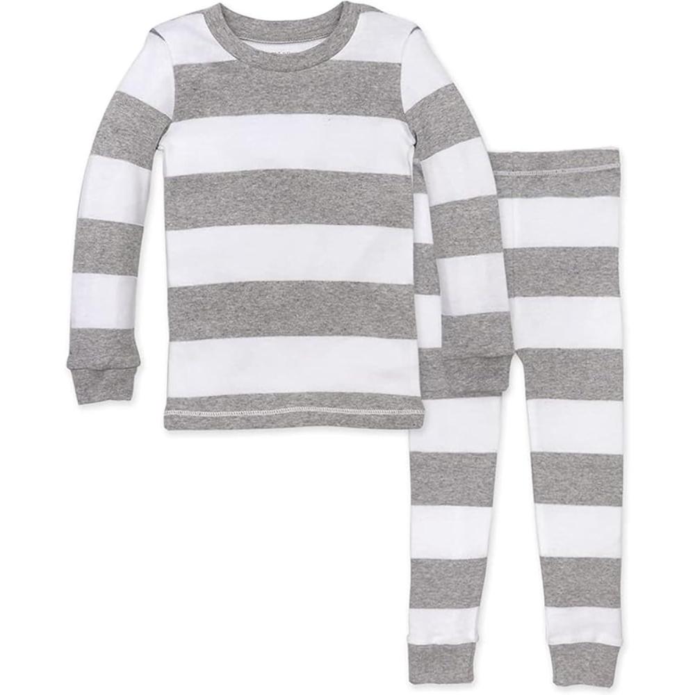 imageBurts Bees Baby Boys 2Piece Long Sleeve Tee and Pants Organic Cotton Pajama SetHeather Grey Rugby Stripe