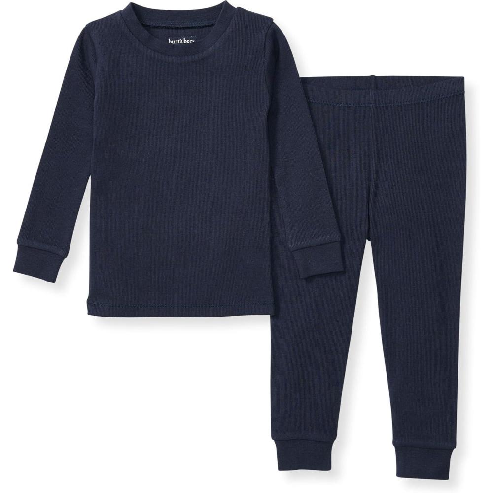 imageBurts Bees Baby Boys 2Piece Long Sleeve Tee and Pants Organic Cotton Pajama SetMidnight Solid Rib
