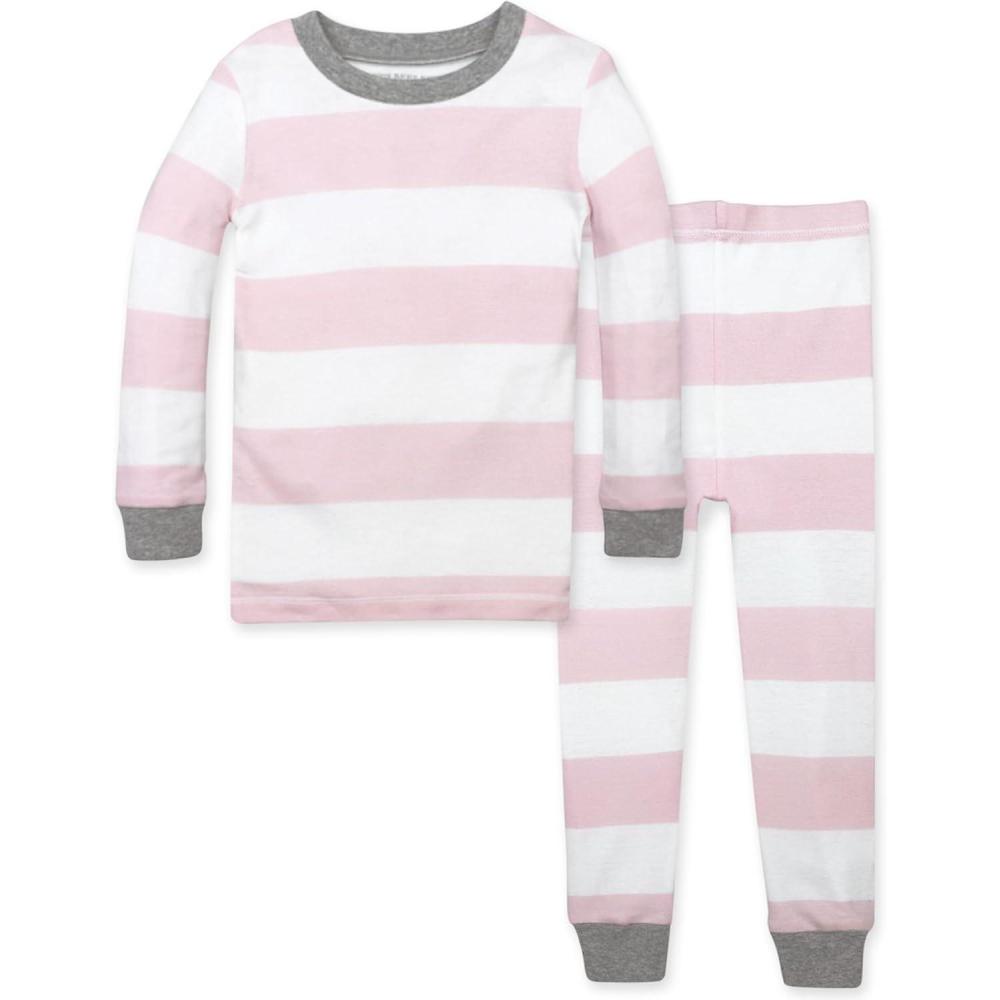 imageBurts Bees Baby Girls 2Piece Long Sleeve Tee and Pants Organic Cotton Pajama SetBlossom Rugby Stripe