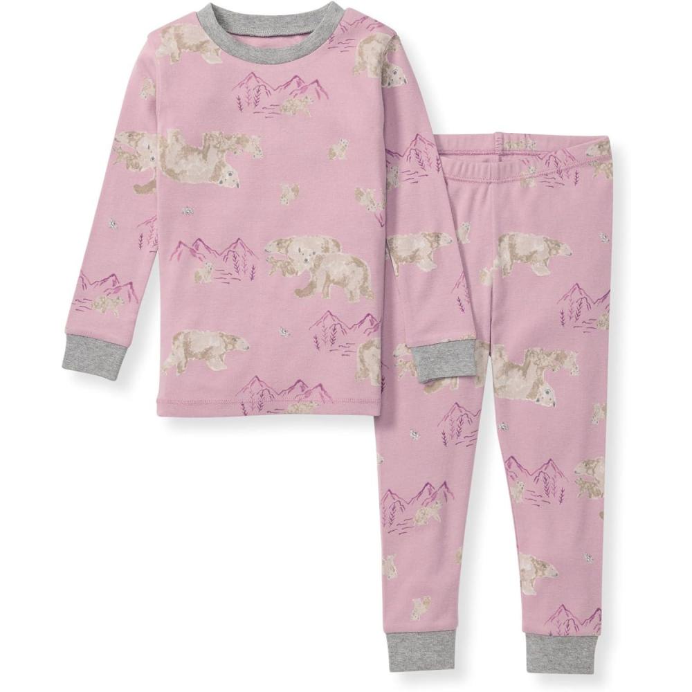 imageBurts Bees Baby Girls 2Piece Long Sleeve Tee and Pants Organic Cotton Pajama SetPolar Mountain Pink