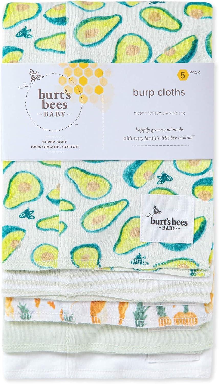 imageBurts Bees Baby Infant Burp Cloths 100 Organic Cotton Extra Absorbent Soft Fabric Drool Cloths 5Pack Newborn MustHave Essential Large Burping Cloths One Size 17 x 1175 InchesCarrots  Avocados