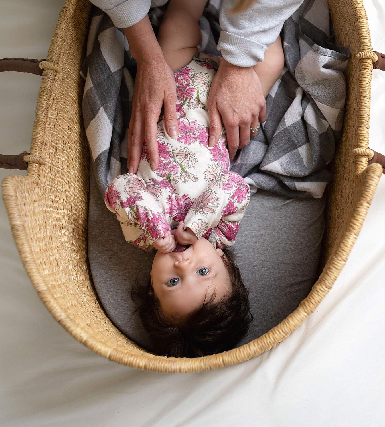 imageBassinet Sheet Infant Fitted BEESNUG Cover 100 Organic Cotton Soft Unisex Newborn Essentials for All Standard Oval or Rectangle Bassinet Bed Pads or Mattresses  15 x 33 InchesBlossomWhite
