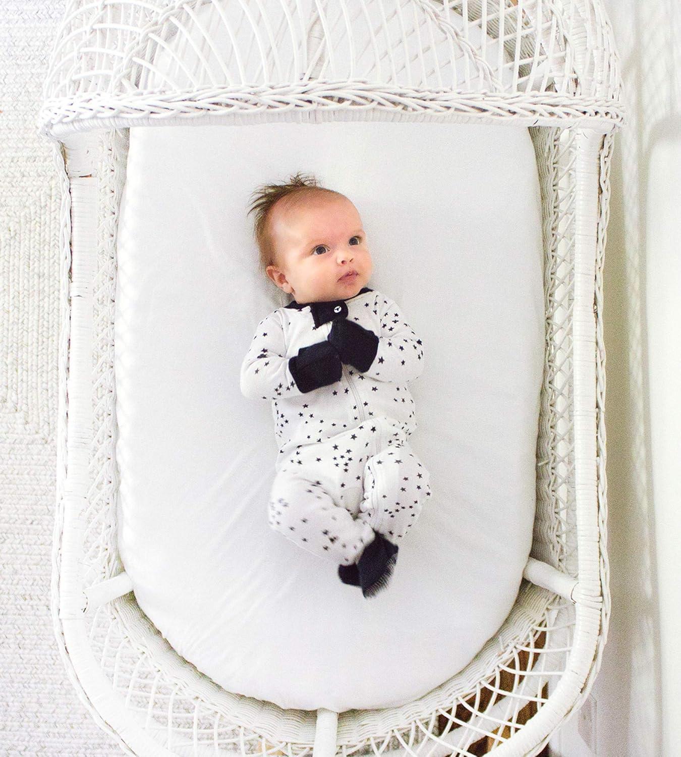 imageBassinet Sheet Infant Fitted BEESNUG Cover 100 Organic Cotton Soft Unisex Newborn Essentials for All Standard Oval or Rectangle Bassinet Bed Pads or Mattresses  15 x 33 InchesCloud White