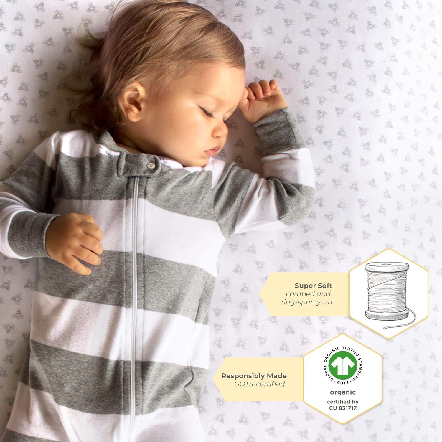 imageBurts Bees Baby  Fitted Crib Sheet Girls Boys ampamp Unisex 100 Organic Cotton Crib Sheet for Standard Crib ampamp Toddler Mattresses Pack of 2Grey Bees