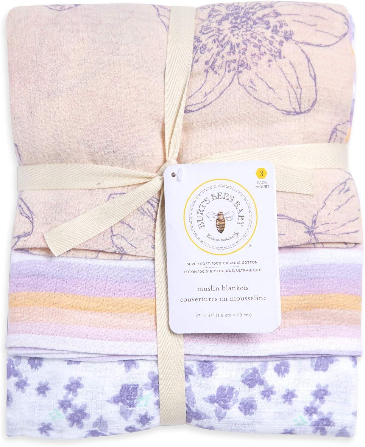imageBurts Bees Baby  Swaddles Muslin Cotton Baby Blankets 3Pack Multipurpose Lightweight ampamp Breathable 100 Organic CottonBlackberry Flower