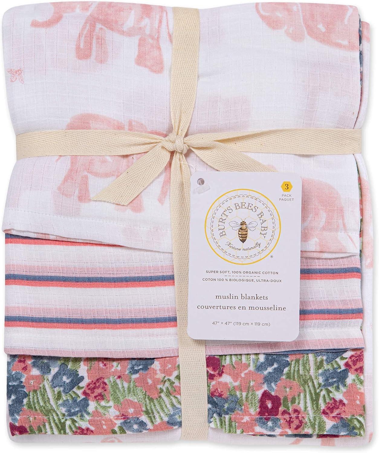imageBurts Bees Baby  Swaddles Muslin Cotton Baby Blankets 3Pack Multipurpose Lightweight ampamp Breathable 100 Organic CottonBlossom Elephants