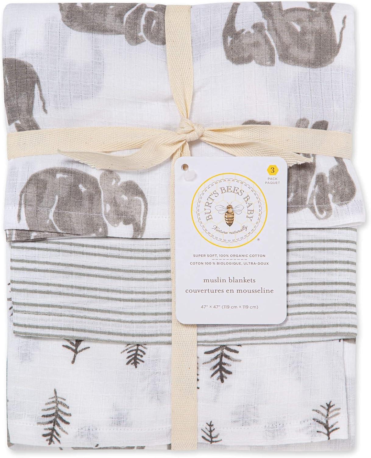imageBurts Bees Baby  Swaddles Muslin Cotton Baby Blankets 3Pack Multipurpose Lightweight ampamp Breathable 100 Organic CottonNeutral Elephants