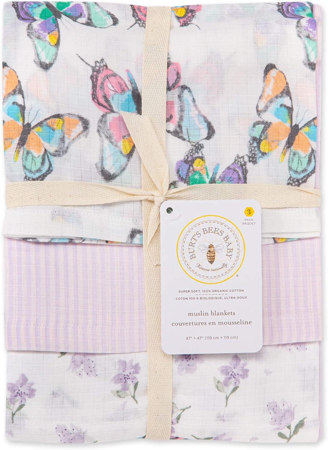 imageBurts Bees Baby  Swaddles Muslin Cotton Baby Blankets 3Pack Multipurpose Lightweight ampamp Breathable 100 Organic CottonRainbow Butterflies