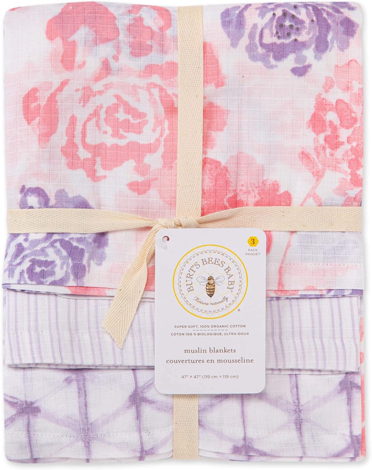 imageBurts Bees Baby  Swaddles Muslin Cotton Baby Blankets 3Pack Multipurpose Lightweight ampamp Breathable 100 Organic CottonSpring Roses