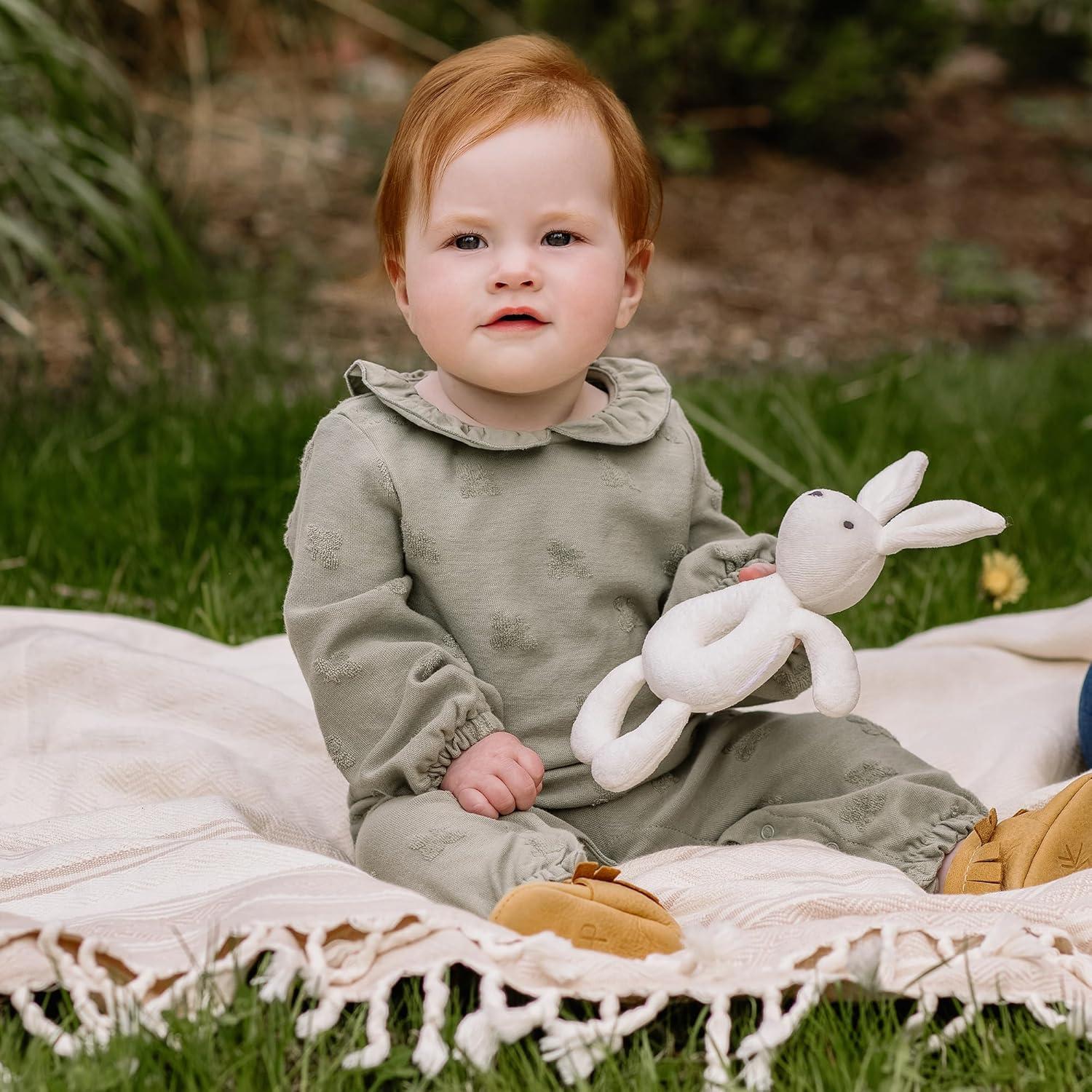 imageBurts Bees Baby Unisex Infant Rattle Toy Nursery Sensory Animal Plush Made with 100 Organic Cotton Shell and Polyester Fill Sweet Bear Bunny or Dog Stuffed Animals for BabiesBunny Rattle
