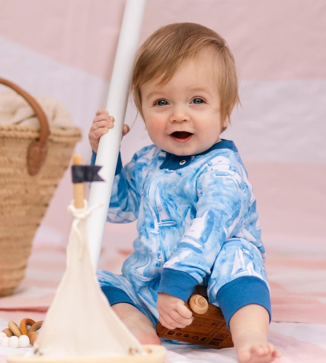 imageBurts Bees Baby babyboys Footless Sleepers 100 Organic Cotton Onepiece Diagonal Zip Up Jumpsuit Snug Fit PajamasMediterranean Sailing