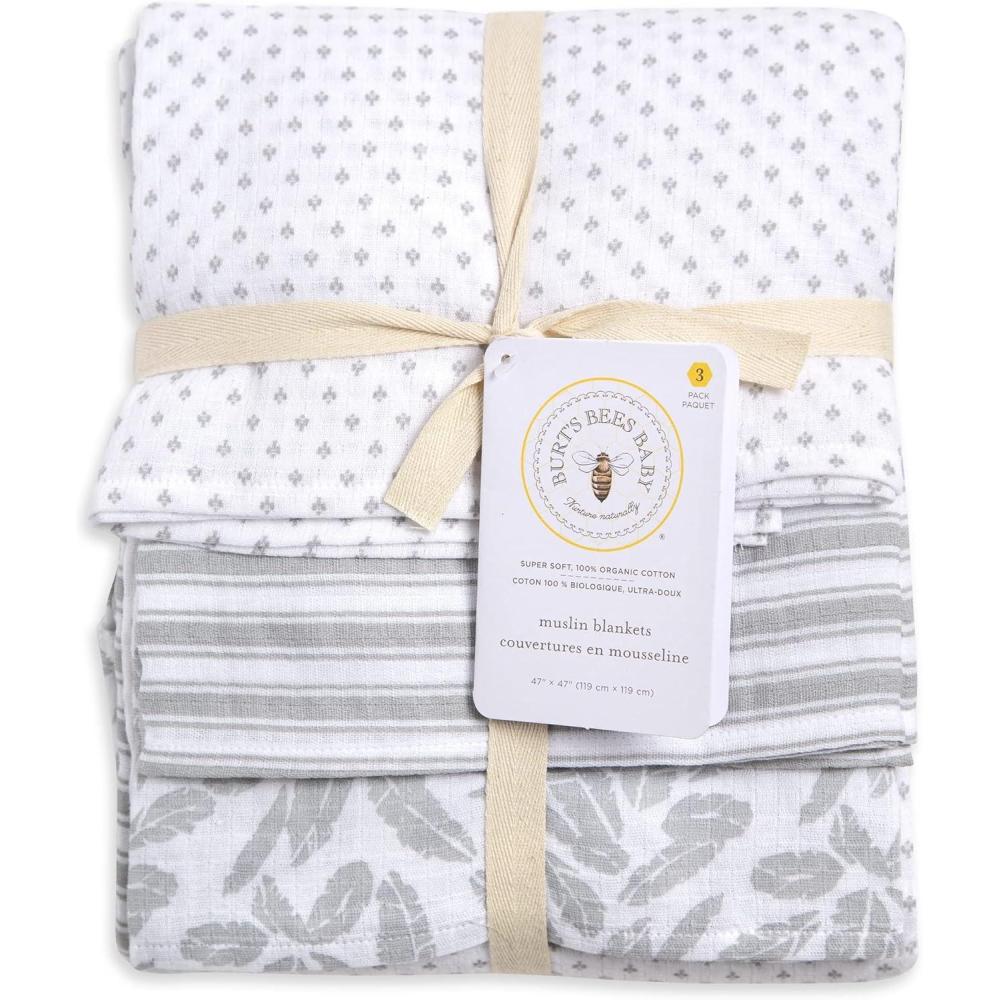 imageBurts Bees Baby  Swaddles Muslin Cotton Baby Blankets 3Pack Multipurpose Lightweight ampamp Breathable 100 Organic CottonGrey Prints