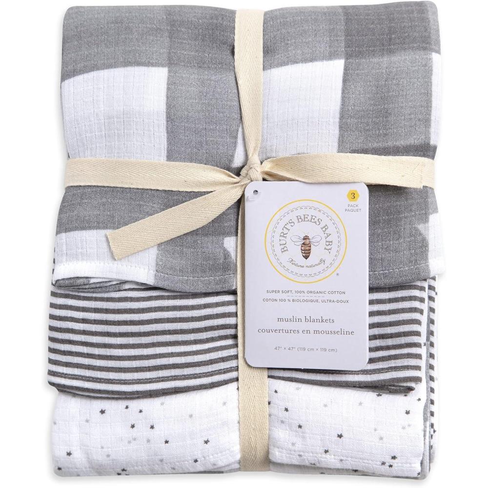 imageBurts Bees Baby  Swaddles Muslin Cotton Baby Blankets 3Pack Multipurpose Lightweight ampamp Breathable 100 Organic CottonStars