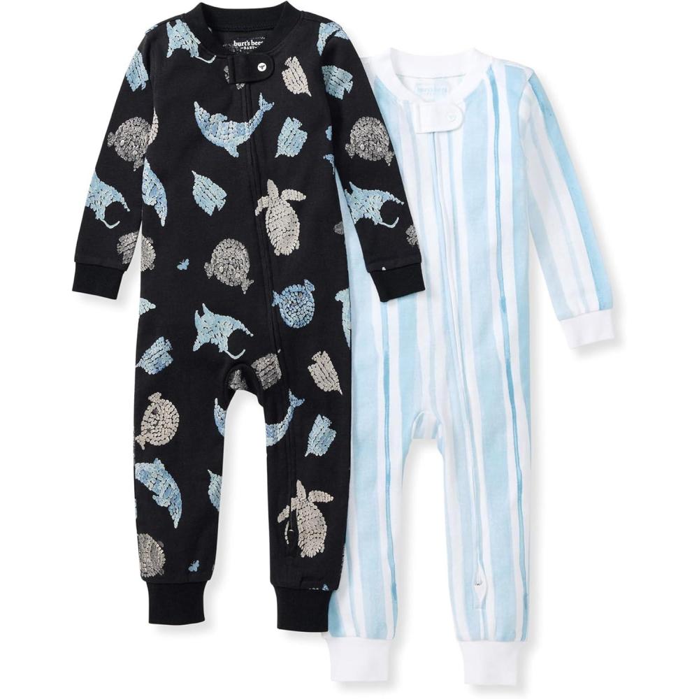 imageBurts Bees Baby babyboys Footless Sleepers 100 Organic Cotton Onepiece Diagonal Zip Up Jumpsuit Snug Fit PajamasMosaic Sea Animals