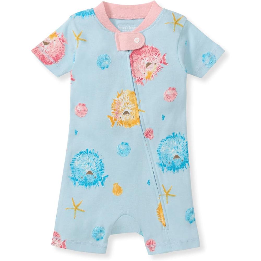 imageBurts Bees Baby Unisex Baby Short Sleeve Pajamas Onepiece Sleeper Romper Pjs Snug Fit for Infants 3 to 24 MonthsPuffer Fish