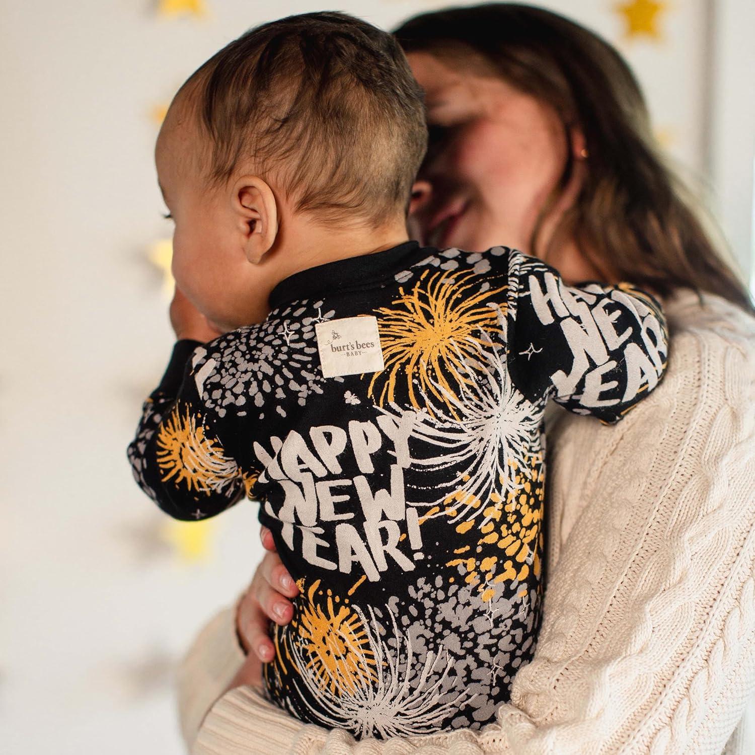 imageBurts Bees Baby Baby Boys Sleep and Play Pjs 100 Organic Cotton Onepiece Zip Front Romper Jumpsuit PajamasHappy New Year