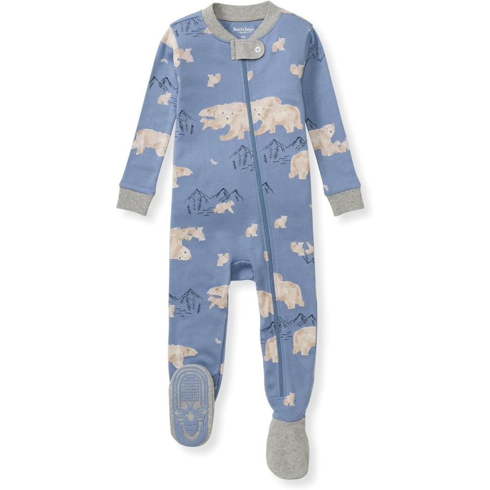 imageBurts Bees Baby Baby Boys Sleeper Pjs 100 Organic Cotton Onepiece Footie Zip Up Jumpsuit Snug Fit PajamasPolar Mountain Blue