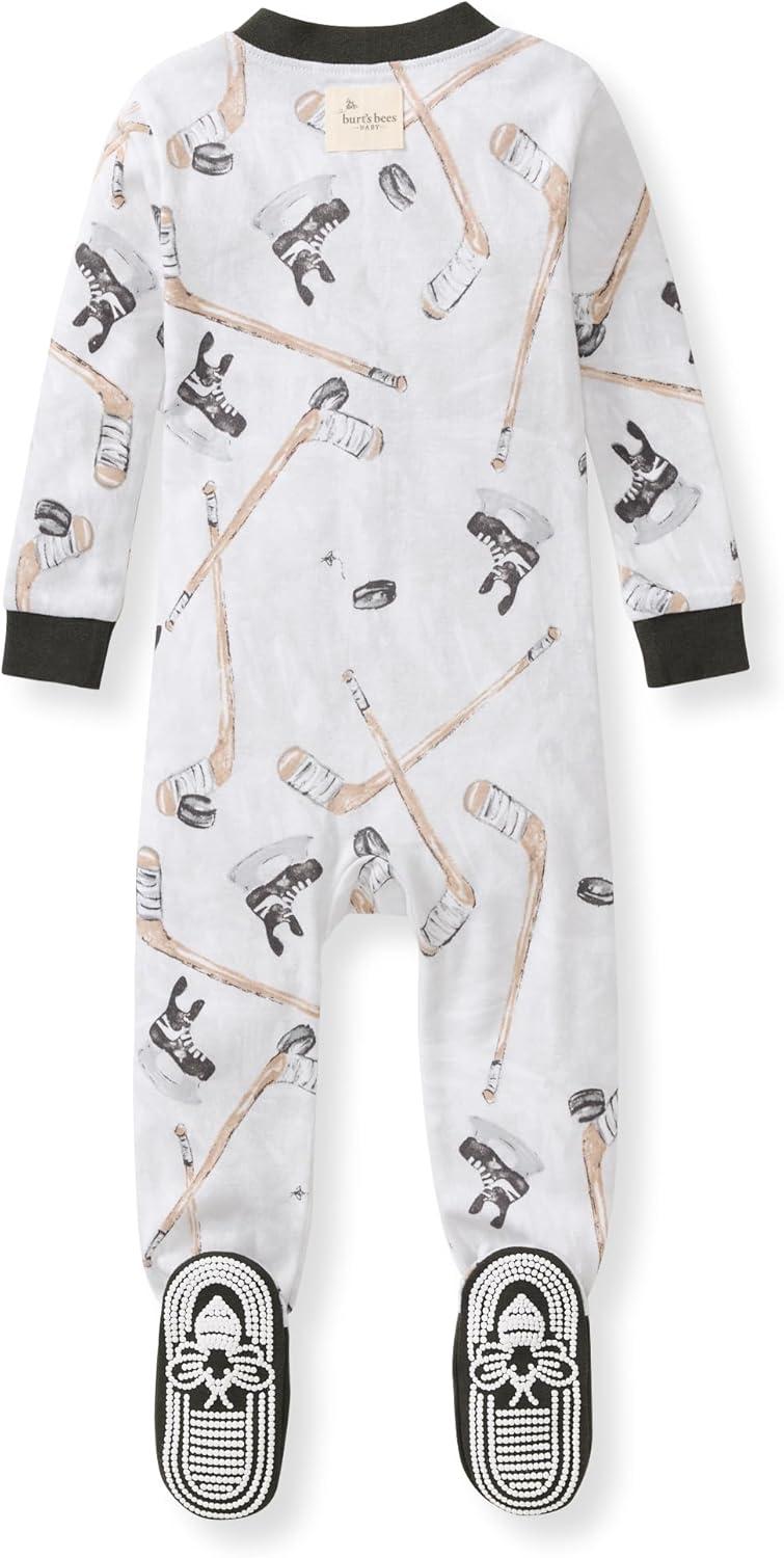 imageBurts Bees Baby babyboys Sleeper Pjs 100 Organic Cotton Onepiece Footie Zip Up Jumpsuit Snug Fit PajamasHockey Season