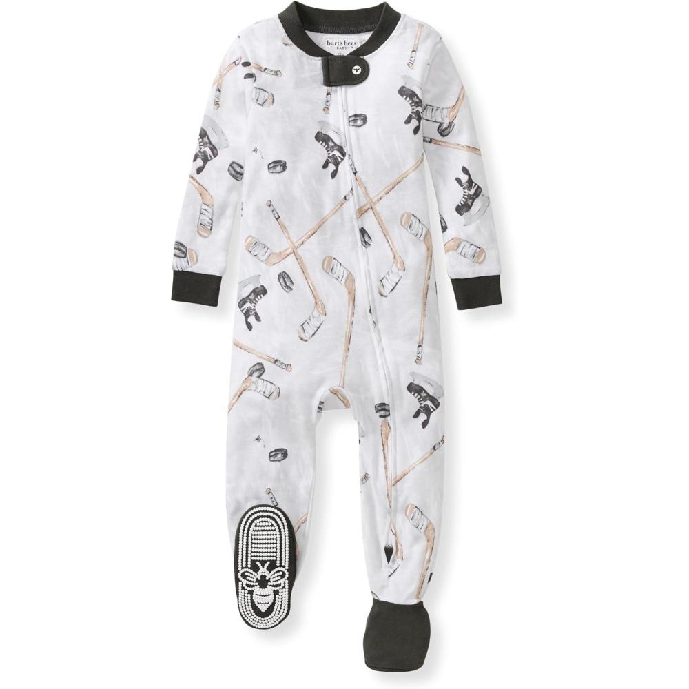imageBurts Bees Baby babyboys Sleeper Pjs 100 Organic Cotton Onepiece Footie Zip Up Jumpsuit Snug Fit PajamasHockey Season