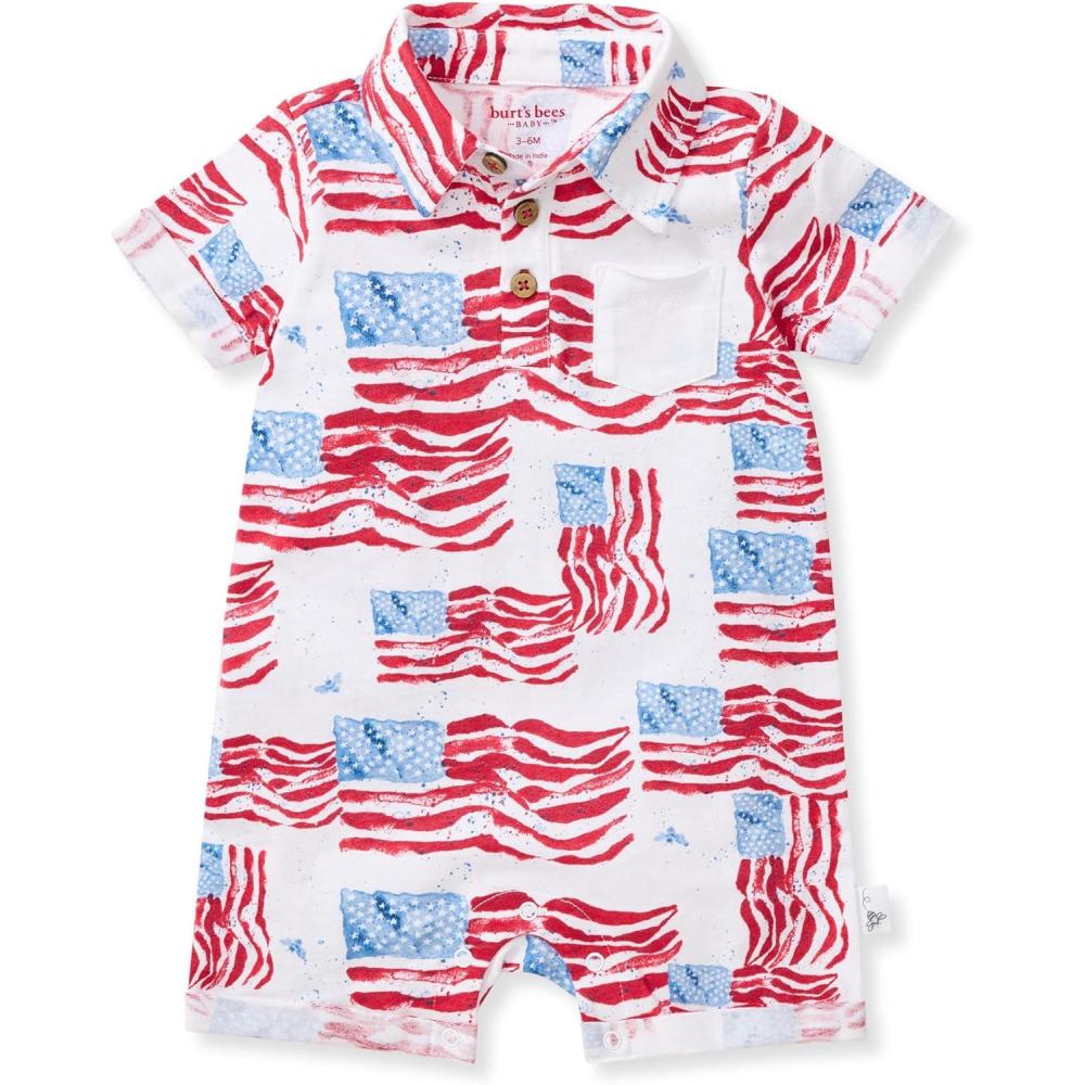 imageBurts Bees Baby Baby Boys Polo Rompers 100 Organic Cotton Onepiece Coverall and Layette SetMagestic Flags
