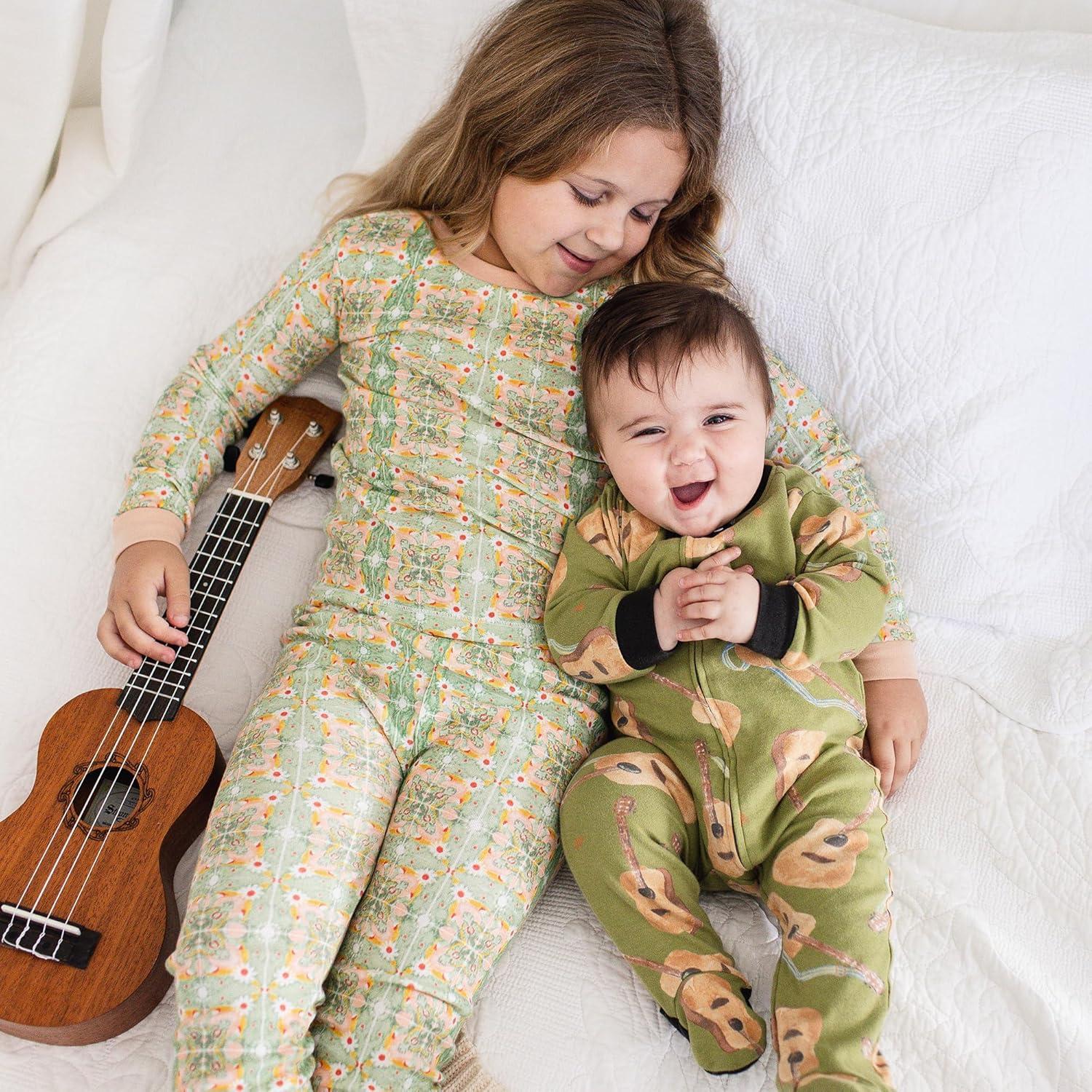 imageBurts Bees Baby Girls Pajamas 2Piece Long Sleeve Tee and Pants Organic Cotton PJ SetFloral Tile