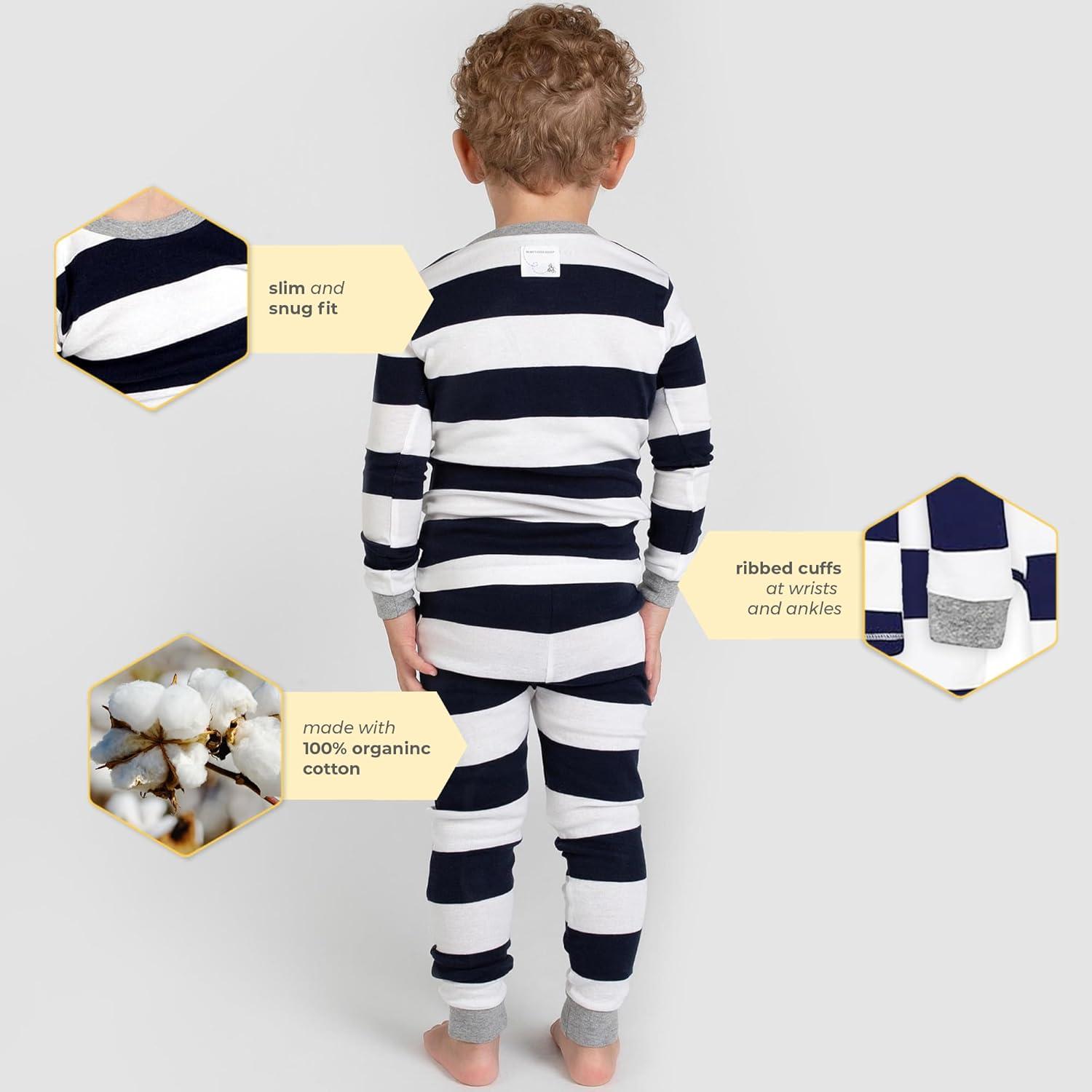 imageBurts Bees Baby Girls Pajamas 2Piece Long Sleeve Tee and Pants Organic Cotton PJ SetMidnight Rugby Stripe