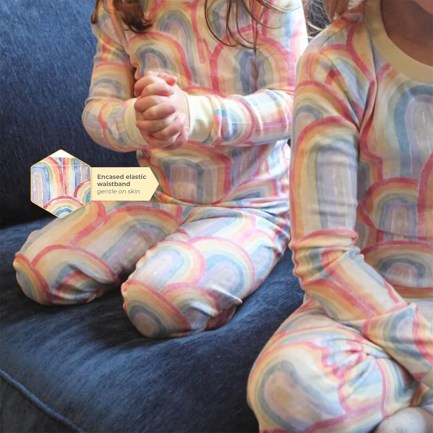 imageBurts Bees Baby Girls Pajamas 2Piece Long Sleeve Tee and Pants Organic Cotton PJ SetRetro Rainbow