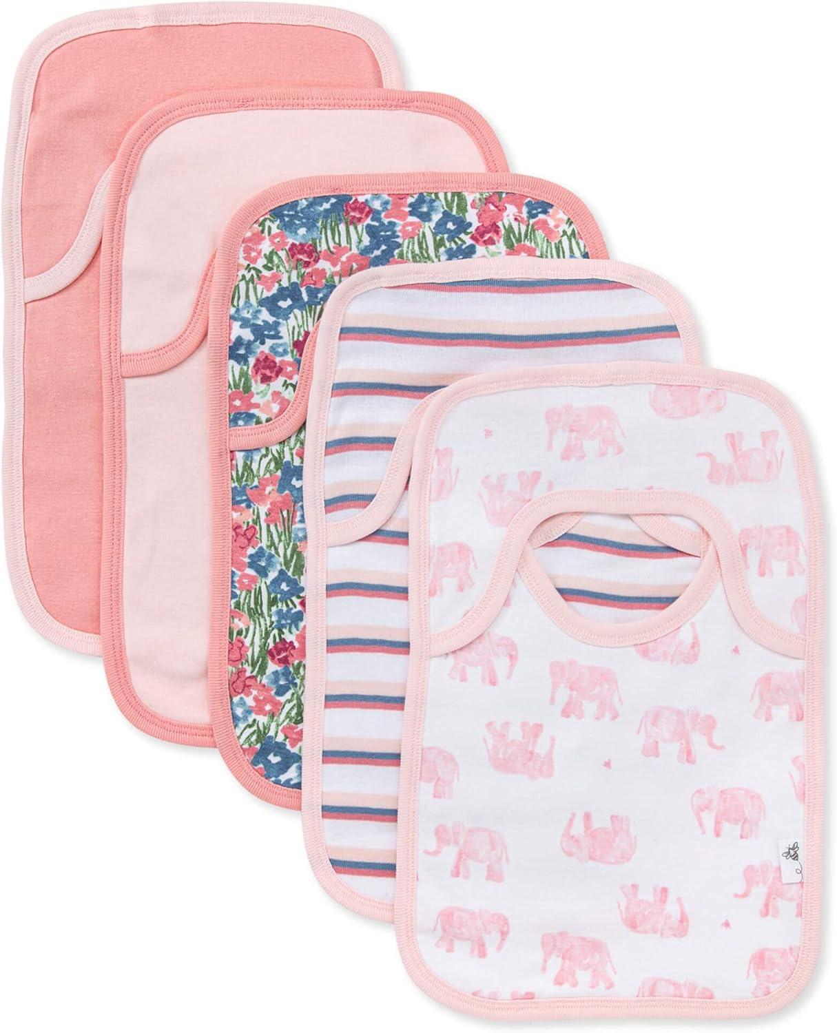 imageBurts Bees Baby babygirls Zipup Footed Sleeper Pj ampamp Set of Bibs Gift Bundle 100 Organic CottonPink Elephants