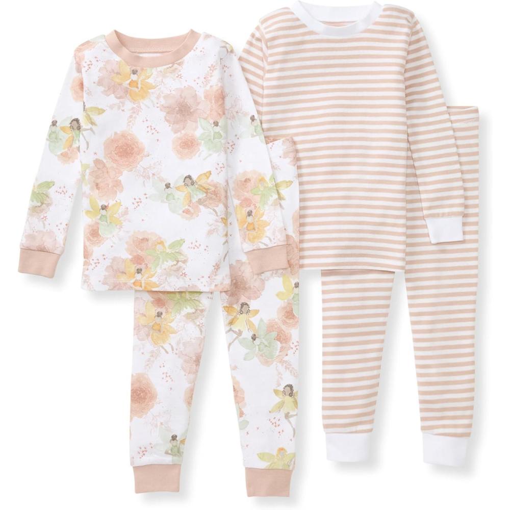 imageBurts Bees Baby Girls Pajamas 2Piece Long Sleeve Tee and Pants Organic Cotton PJ SetFairy Floral 2pk