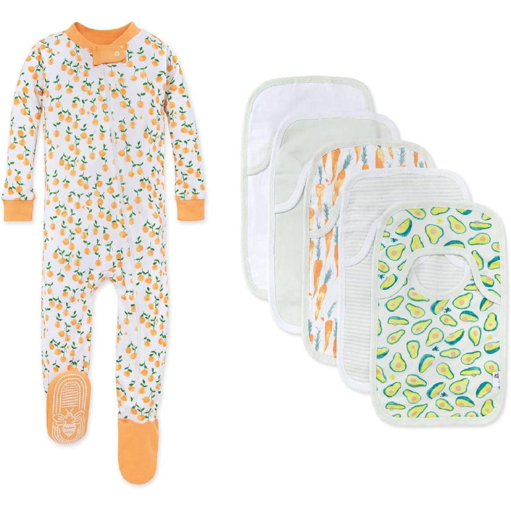 imageBurts Bees Baby babygirls Zipup Footed Sleeper Pj ampamp Set of Bibs Gift Bundle 100 Organic CottonOranges Avocados  Carrots