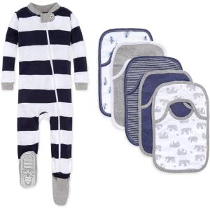 imageBurts Bees Baby babygirls Zipup Footed Sleeper Pj ampamp Set of Bibs Gift Bundle 100 Organic CottonStripes  Elephants