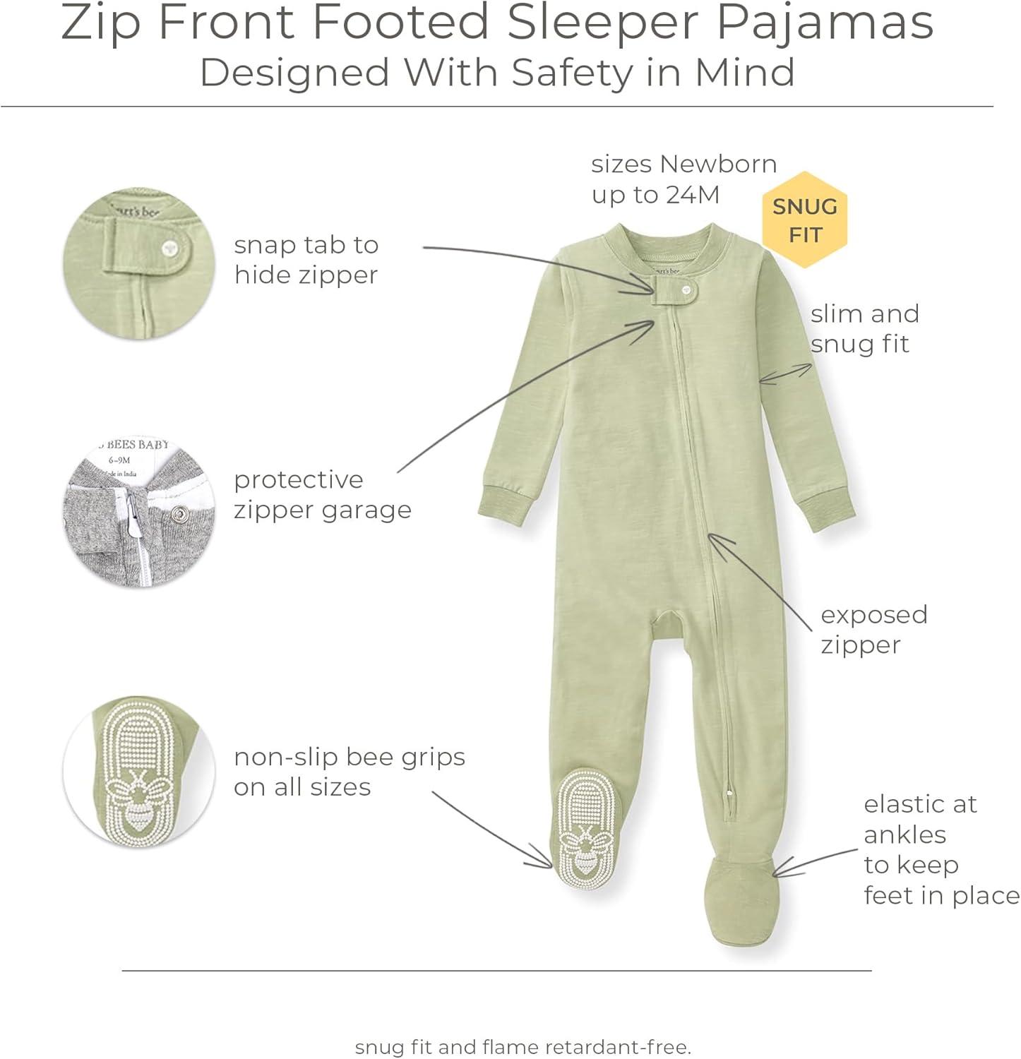 imageBurts Bees Baby unisexbaby Honeysoft Sleeper Pajamas Zip Front Nonslip Footed Footie Pjs Organic Cotton ampamp LyocellMoss Jersey Slub