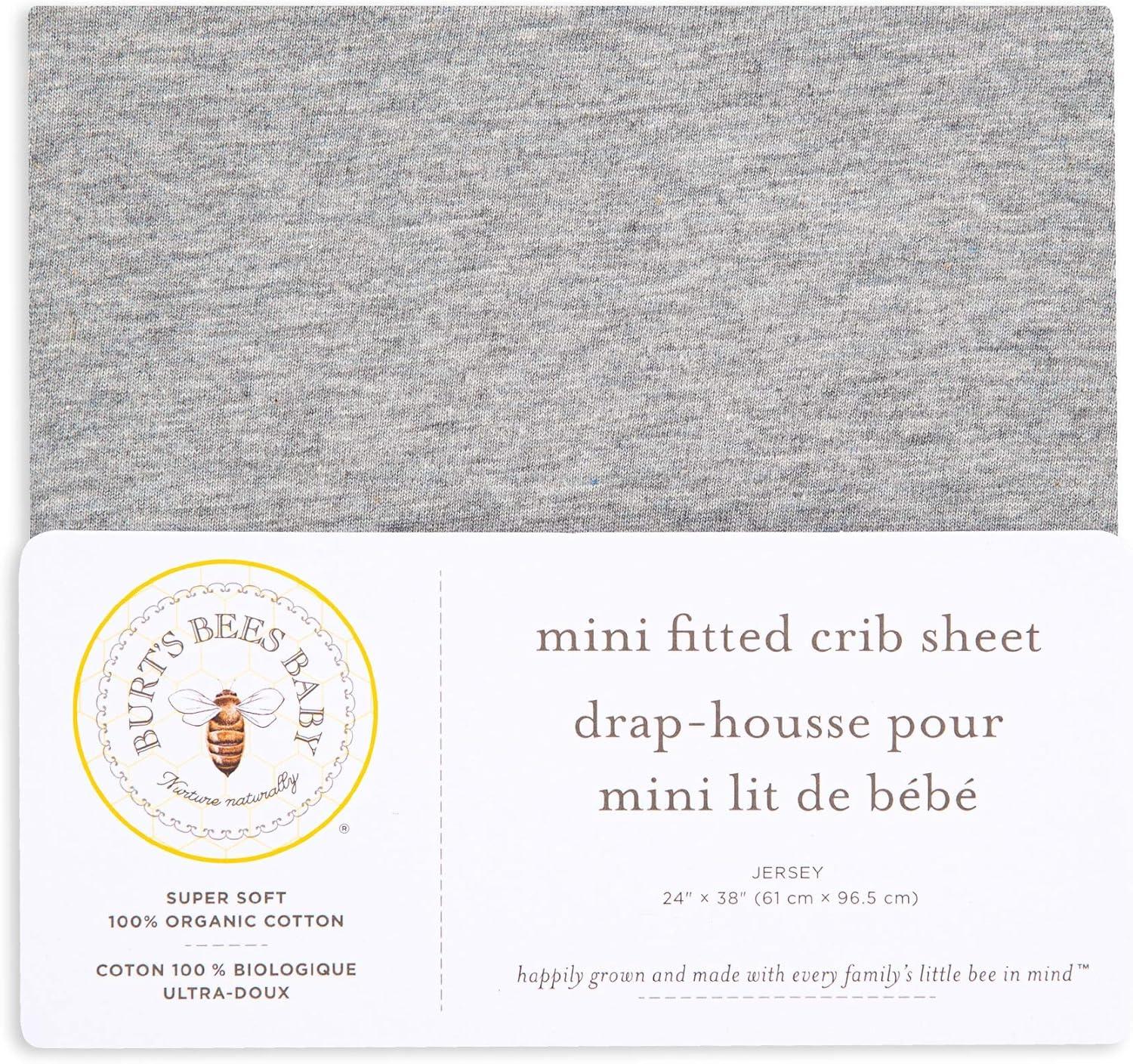 imageBurts Bees Baby  Fitted Mini Crib Sheet for Portable Playard or Travel Crib 100 Organic CottonHeather Grey