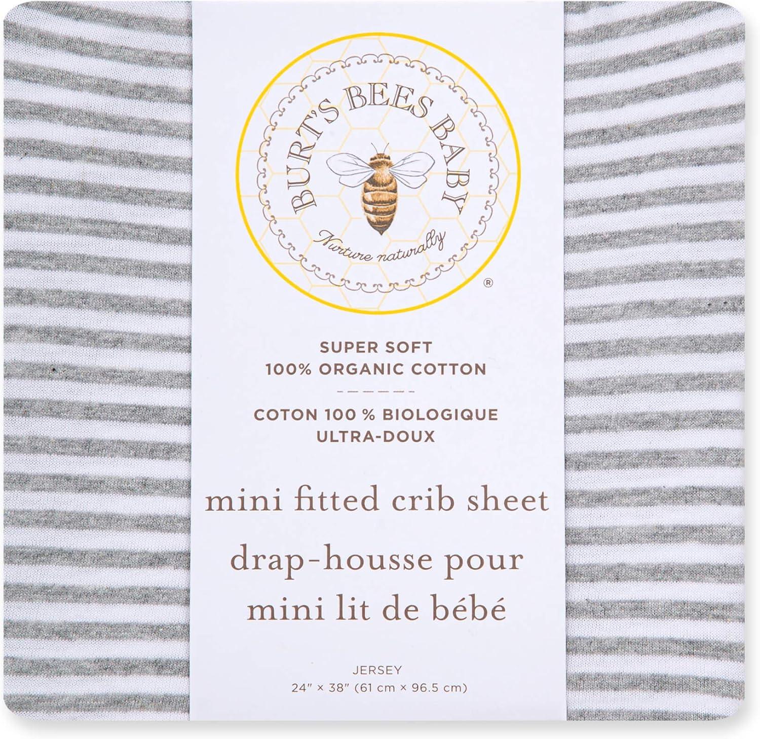 imageBurts Bees Baby  Fitted Mini Crib Sheet for Portable Playard or Travel Crib 100 Organic CottonHeather Grey Stripe