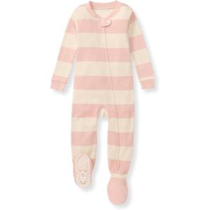 imageBurts Bees Baby Baby Girls Sleeper Pajamas 100 Organic Cotton Onepiece PJs Diagonal Zip Up Jumpsuit Snug Fit FootiePink Sand Rugby Stripe