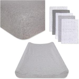 imageBurts Bees Baby Unisex Baby Gift Set  Crib Sheet Changing Pad Cover amp Burp Cloths 100 Organic Cotton Essentials BundleHeather Grey