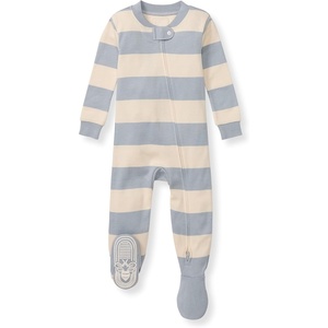 image:imageBurts Bees Baby Boys Organic Cotton Snug Fit Footed Sleeper Pajamas  Convenient 2way zip front sleeper pajama is equipped with nonslip bee grips for active littles on the moveQuarry Blue Rugby Stripe